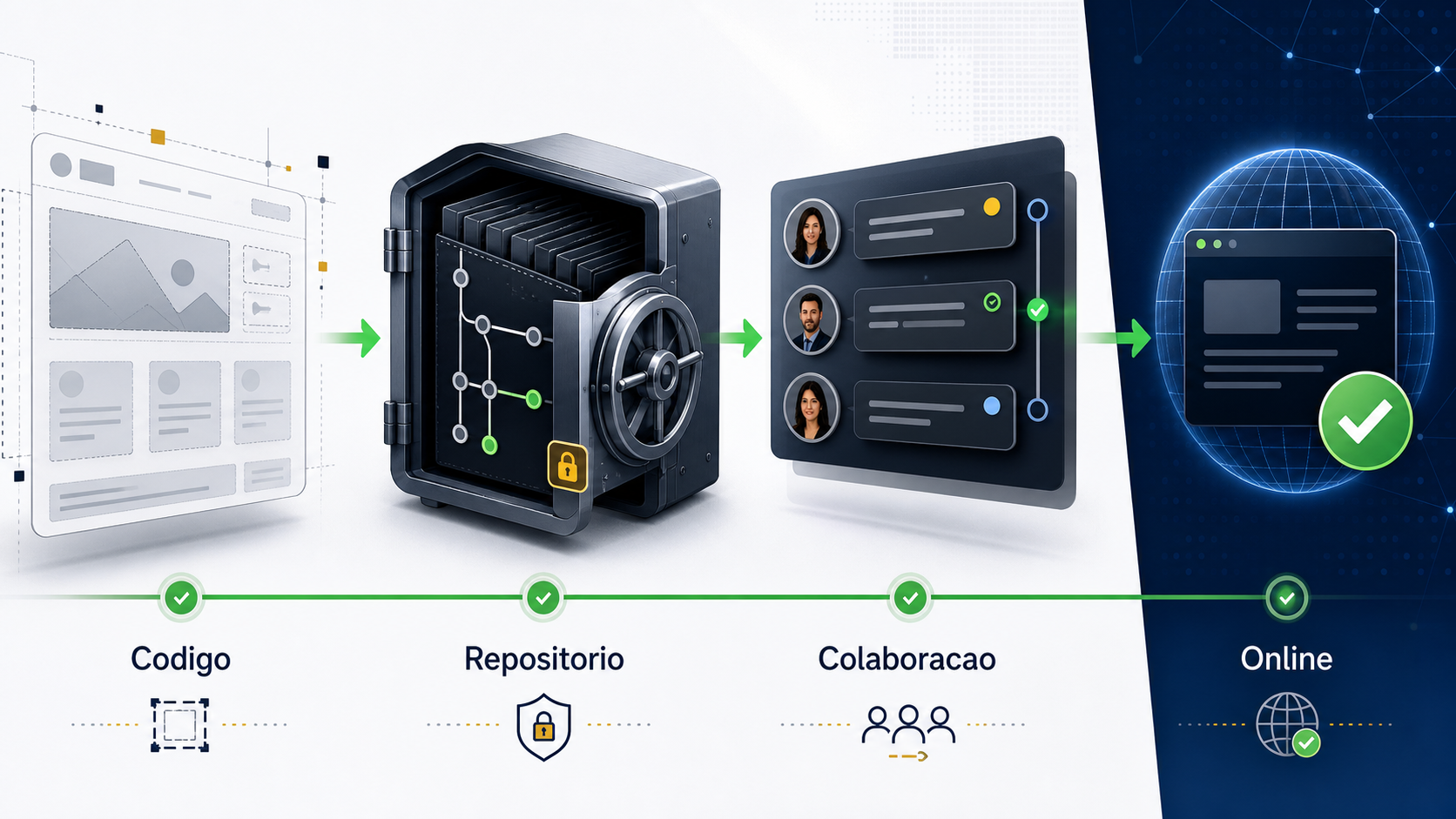 Infografico sobre passar de prototipo a codigo guardado, colaboracao e publicacao online.