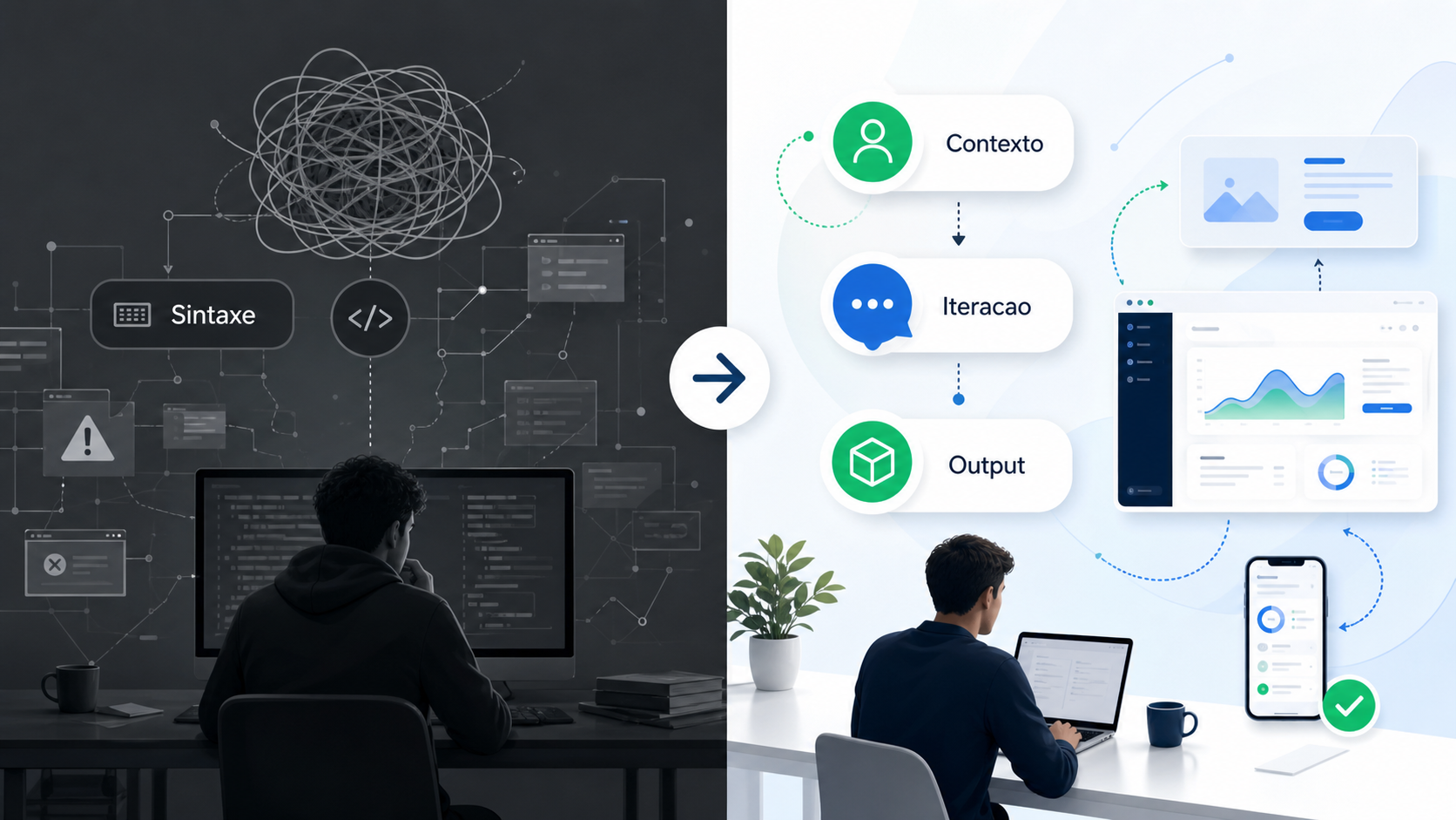 Infografico comparando desenvolvimento centrado em sintaxe e Vibe Coding centrado em contexto e iteracao.