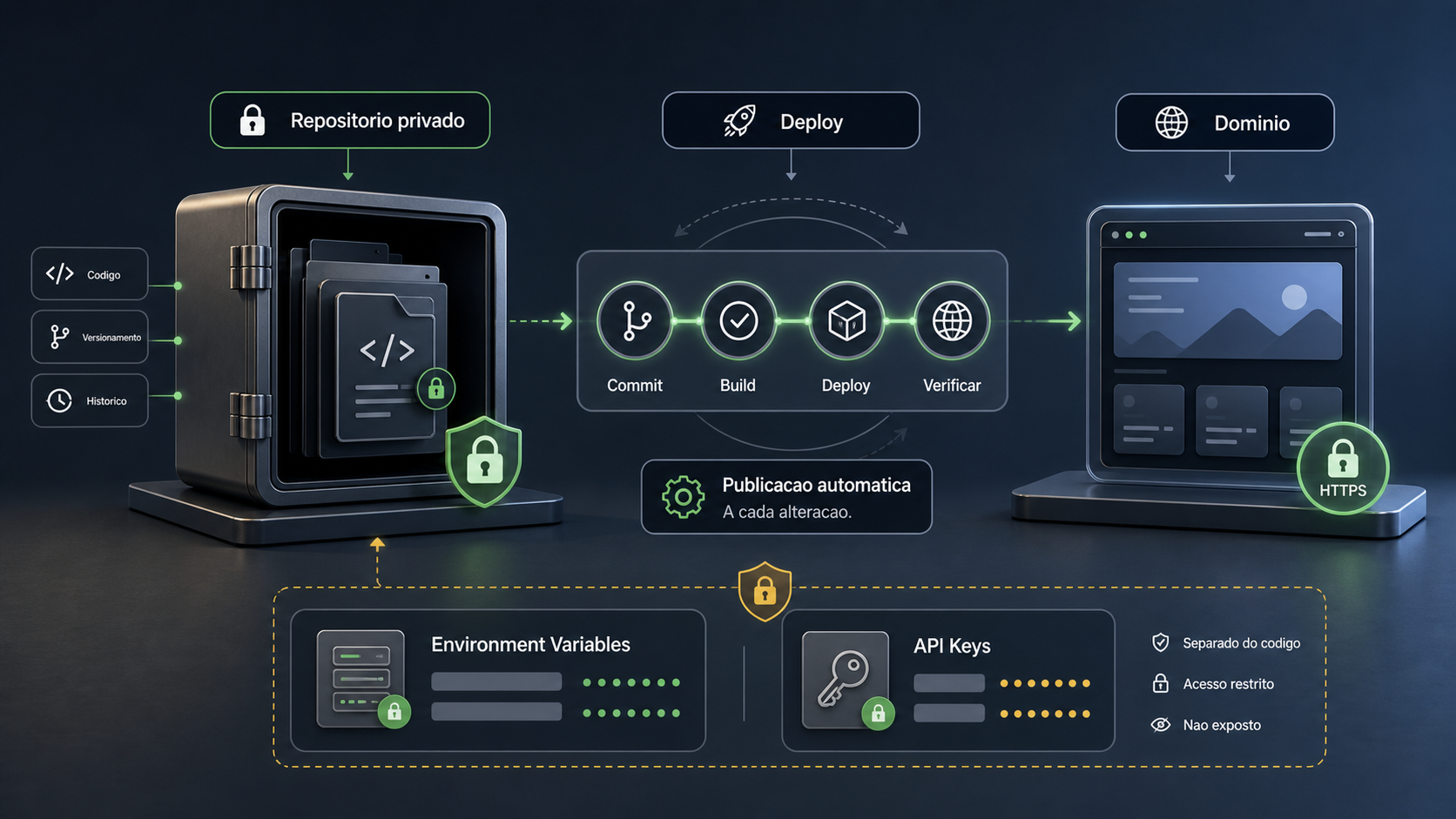 Infográfico sobre GitHub, Vercel, repositório privado, deploy e variáveis de ambiente