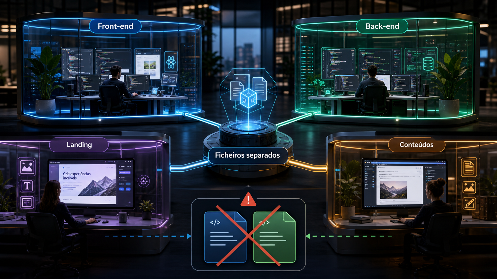 Grelha de quatro painéis representando quatro agentes a trabalhar em paralelo em front-end, back-end, landing page e blog, ligados a um projecto central, com um aviso lateral a alertar para o risco de dois agentes editarem os mesmos ficheiros.