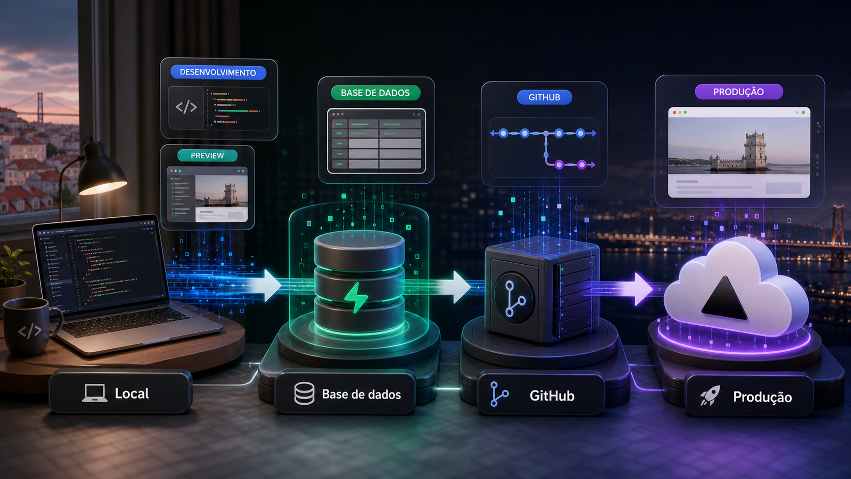 Diagrama com quatro etapas ligadas por setas: ambiente local, base de dados Supabase, repositório GitHub e plataforma Vercel em produção, com indicação dos ambientes Dev, Preview e Produção.