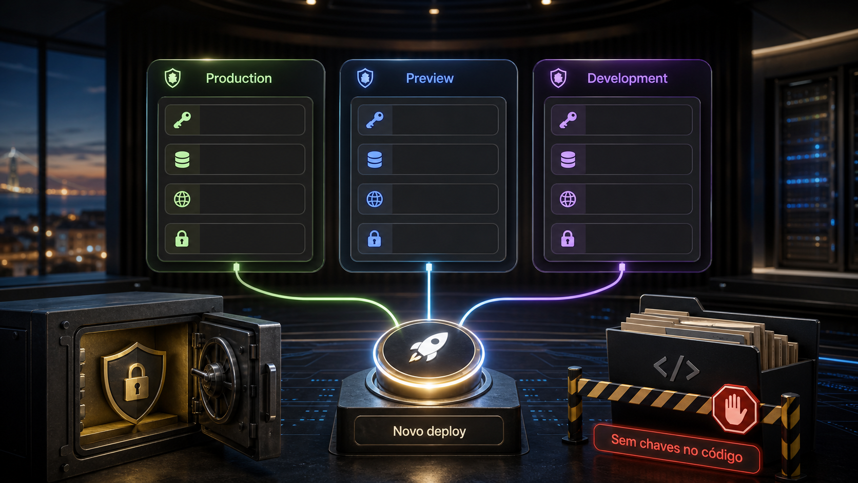 Painel com três colunas — Production, Preview e Development — cada uma com três variáveis representadas, ladeado por uma pasta de código com sinal de proibição e um escudo de auditoria, e uma nota a lembrar que cada alteração exige novo deploy.