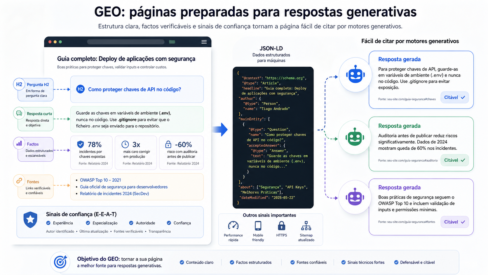 Página web estruturada com perguntas H2, respostas curtas, factos em cartões e fontes verificáveis, a alimentar respostas generativas.