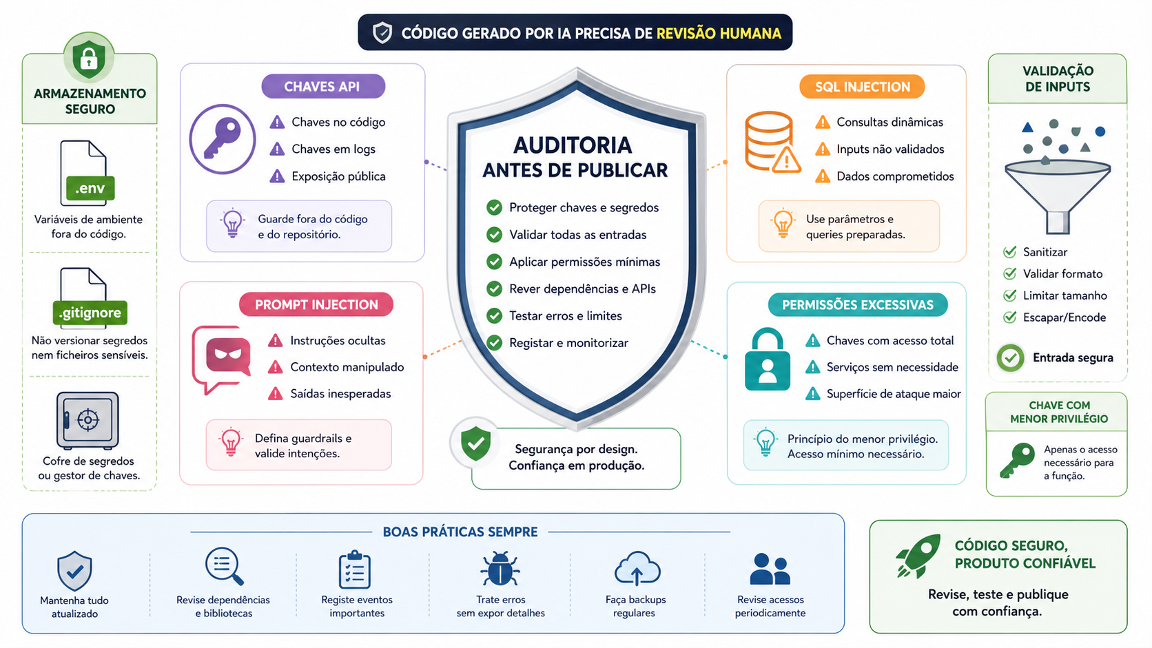 Infográfico com quatro riscos: chaves no código, SQL injection, prompt injection e permissões excessivas, com uma checklist de auditoria antes de publicar.