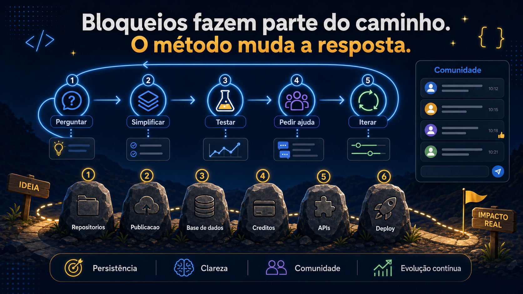 Diagrama com bloqueios técnicos a transformarem-se em perguntas melhores, passos pequenos e apoio da comunidade.