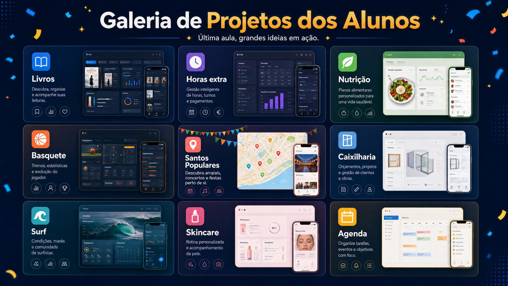 Galeria de cartões de projetos: livros, horas extra, nutrição, basquete, Santos Populares, caixilharia, surf, skincare e agendamento.